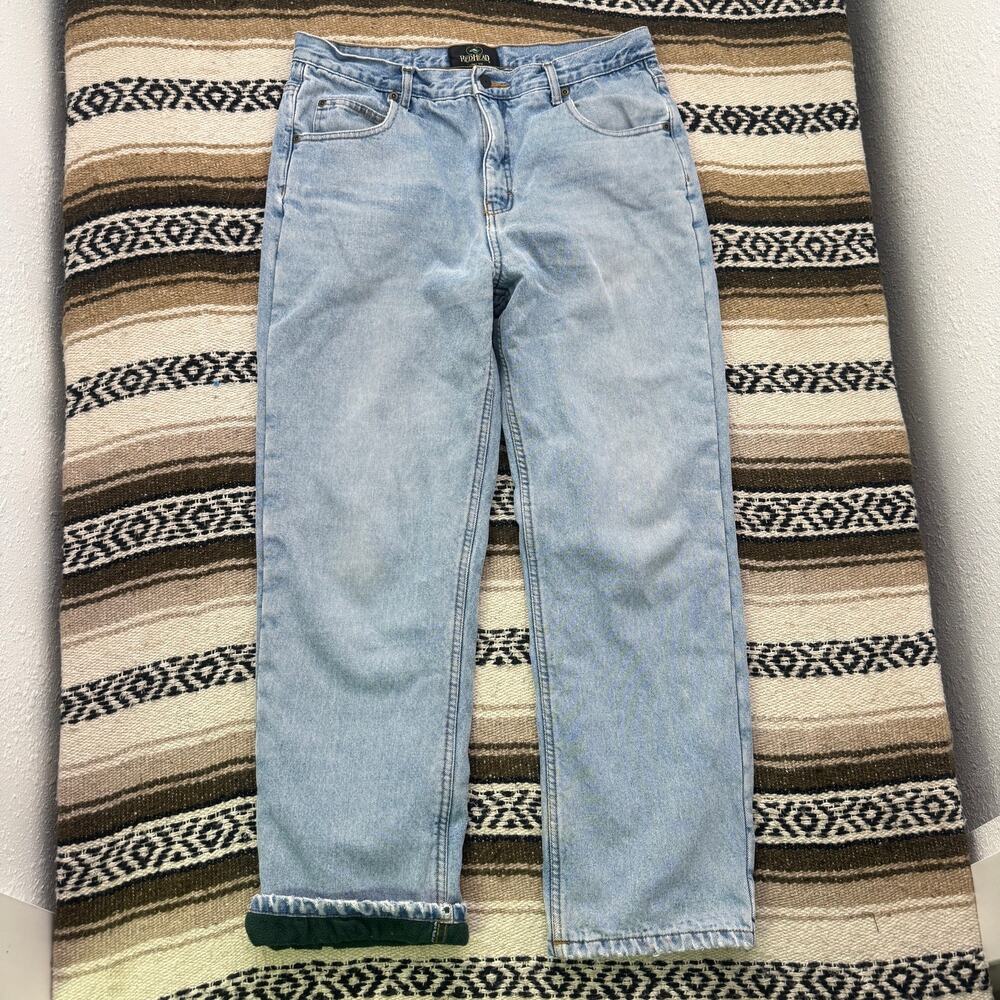 Men's Vintage RedHead Lightwash Denim Green Fleece Lined Blue Jeans Sz 33 x 30